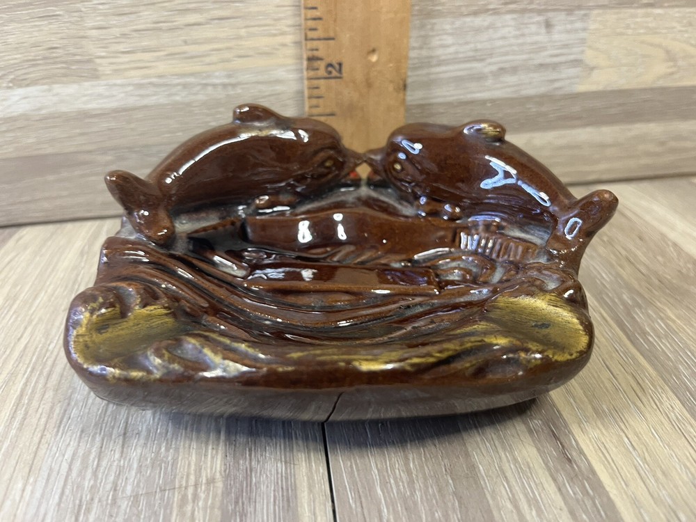 Florida Dolphin Kissing Ashtray Mid Century Retro Brown Glazed Pottery Japan