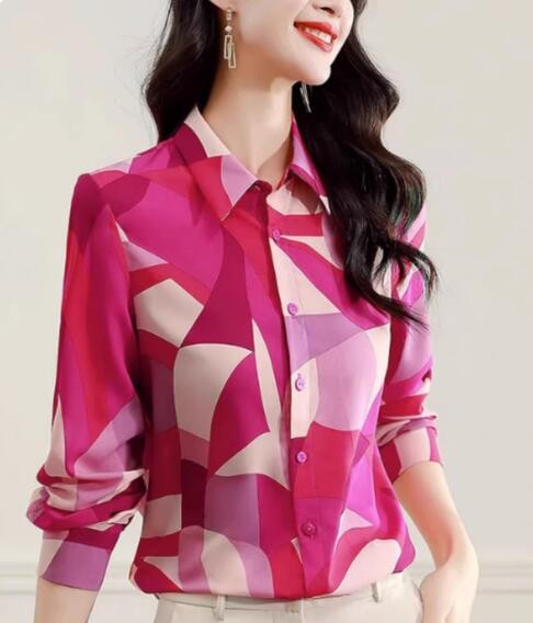 Women's Long-Sleeved Tops Silk Retro color splicing Lapel Shirt Sping Summer