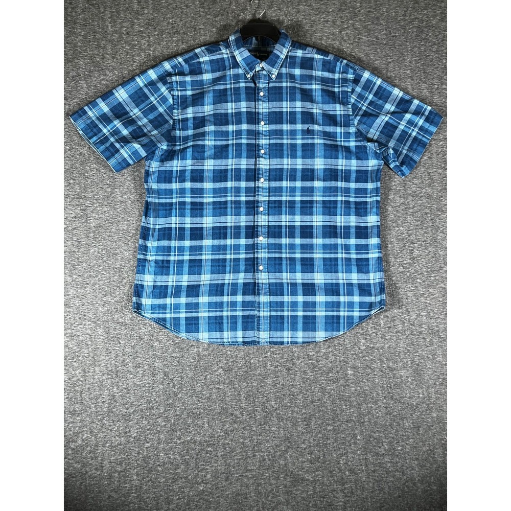 Polo Ralph Lauren Blue Plaid Short Sleeve Button Down Shirt Men 2XLT Tall Cotton