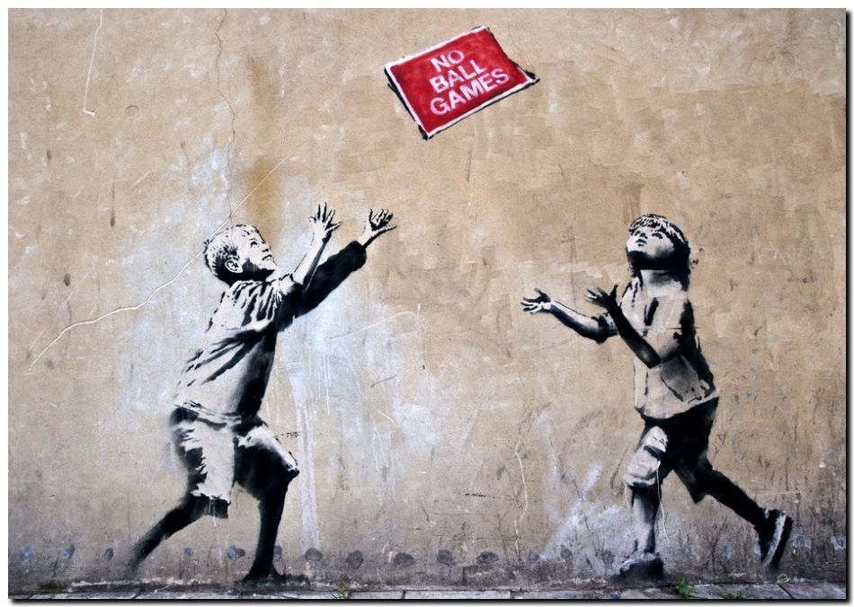 BANKSY STREET ART *FRAMED* CANVAS PRINT No ball games 18x12
