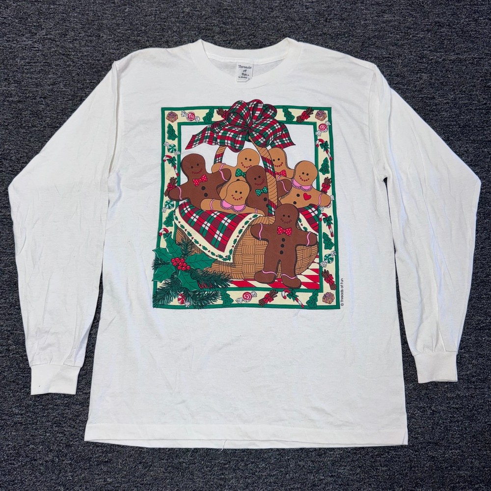 Vintage 90s Gingerbread Holiday Christmas Threads of Fun T-Shirt Mens Sz L White