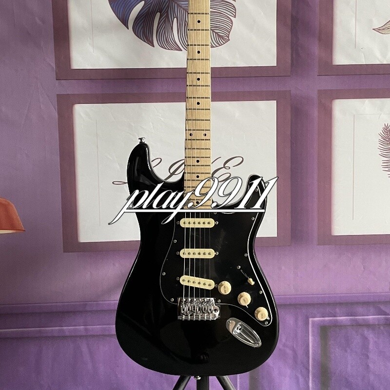 Factory Black ST Electric Guitar 3S Pickups Tremolo Black Pick Guard Maple Neck