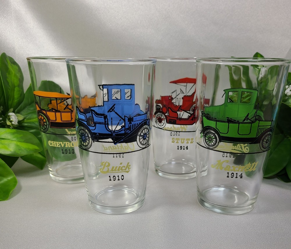 Hazel Atlas Antique Car Tumblers Set of 4 Vintage MCM Red Green Orange Blue