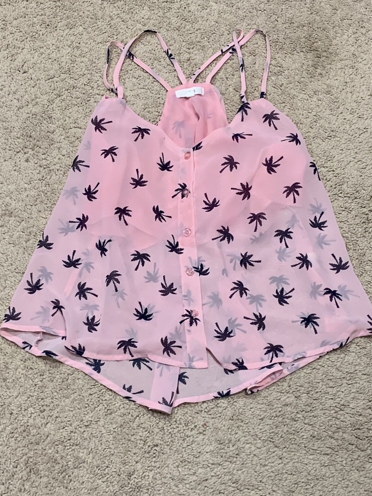 Mine Womens Sleeveless Shirt Size Large Pink Palm Tree Strappy Flowy Top