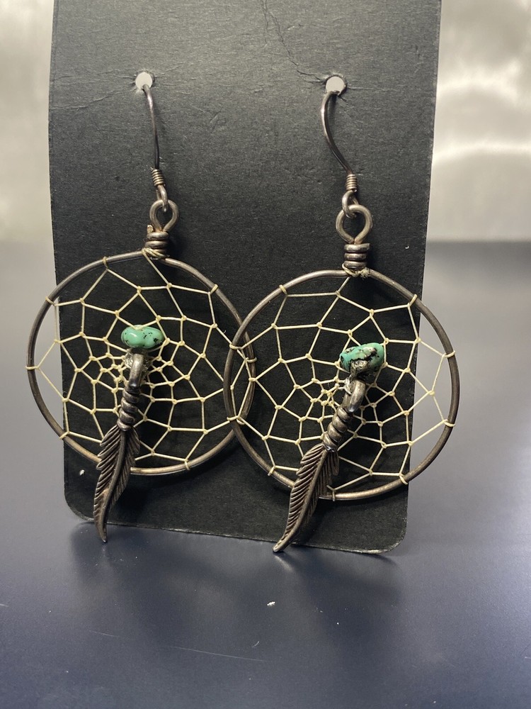 Vintage Sterling Silver 925 Dream Catcher w/ Turquoise Dangle Earrings