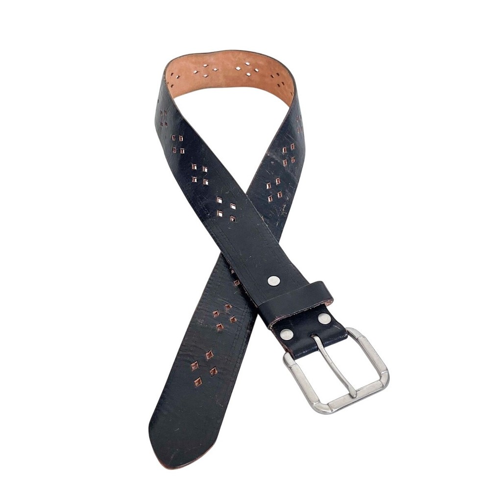 Old Navy Women Western Belt Medium Black Italian Leather Diamond Cutouts Cowgirl