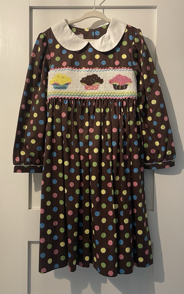 Marmellata Smocked Cupcake Brown Dress  Polka Dot Long Sleeved Girl’s Size 6 EUC