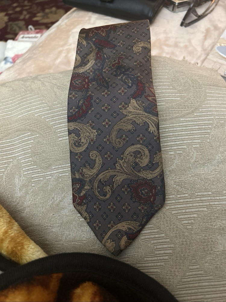 Vintage Bill Blass Silk Tie Wide 3.75” Paisley Gray Burgundy Gold Made In USA