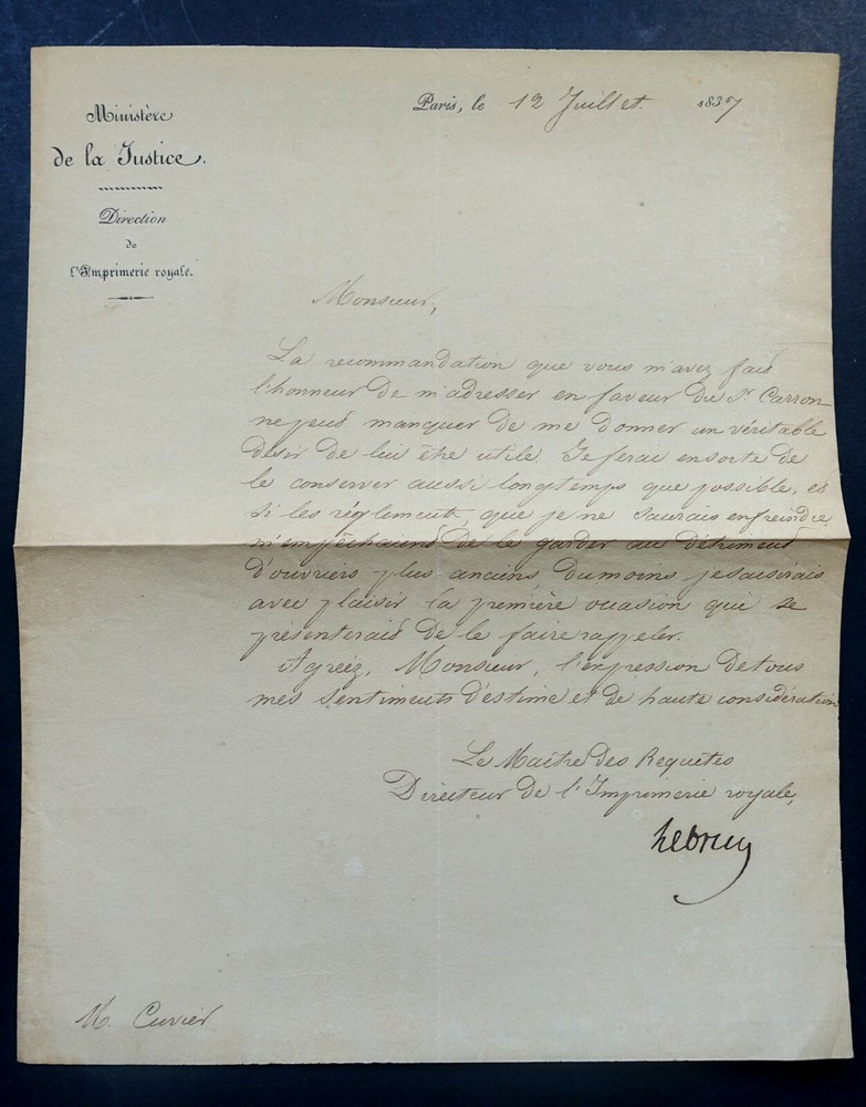 Pierre-Antoine Lebrun - Signed Letter, Written by Mr. Cuvier, Paris 1837