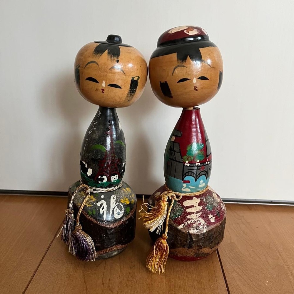 Showa Retro Kokeshi Doll Ornament Tokyo Tower Fuku Kotobuki Lucky Wood Decor
