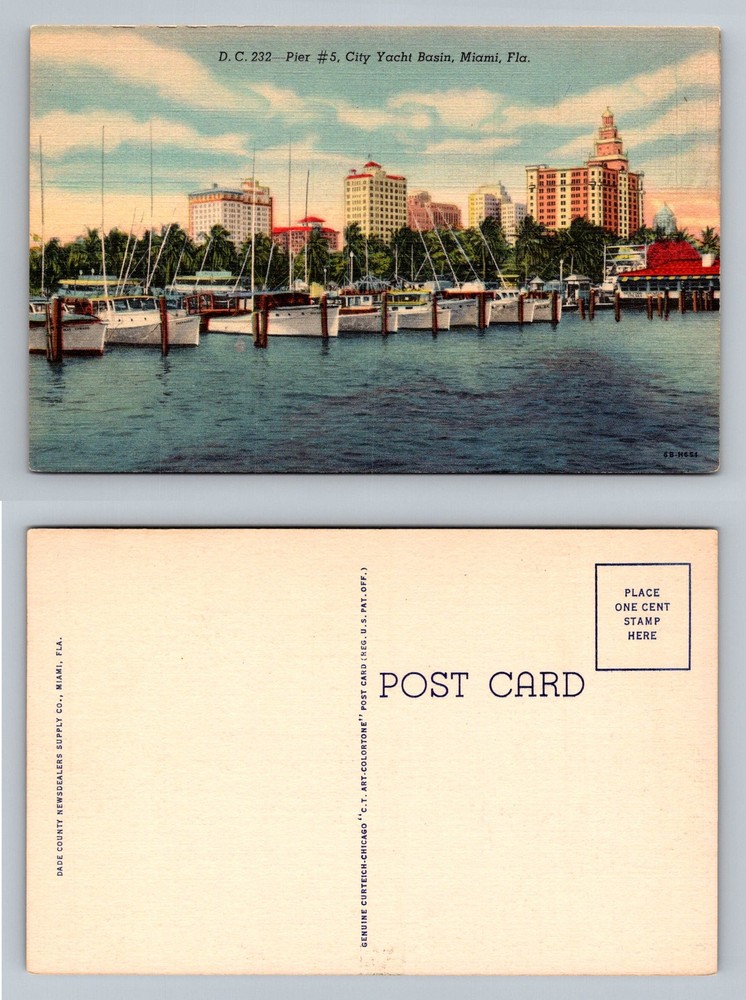 Miami, FL-Florida, Pier No 5 City Yacht Basin Skyline Boats Vintage Postcard