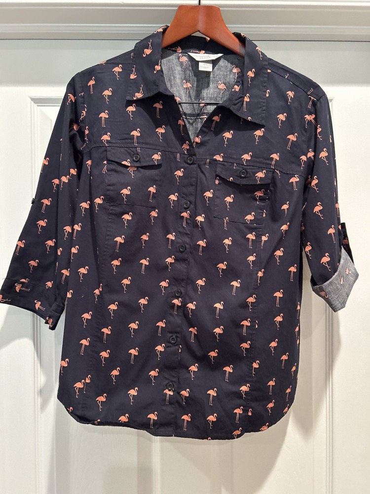 Christopher & Banks 3/4 SLV Button Down Shirt Women XL Petite Blue Pnk Flamingo