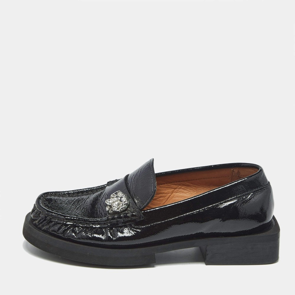 Ganni Black Patent Leather Crystal Embellished Slip On Loafers Size 37
