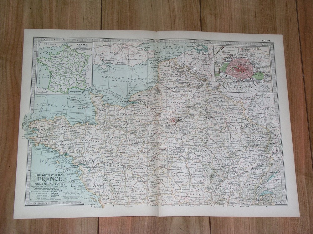 1897 Original Antique Map Of Northern France Brittany Normandy / Paris Inset Map