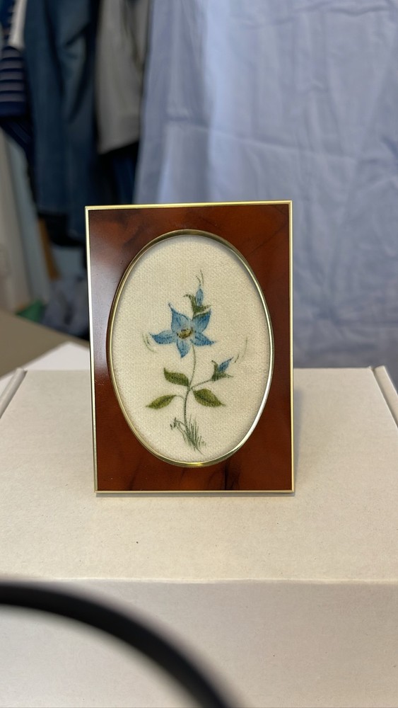 Vintage Framed Floral Watercolor Oval Brown Gold Wood Art 3.25”x2.5”