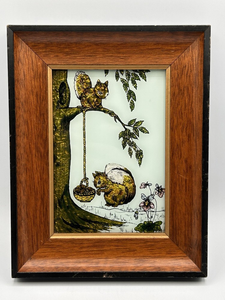 Vintage Alumin-Art Reverse Glass Painting By Elyse 2 Squirrels In Tree