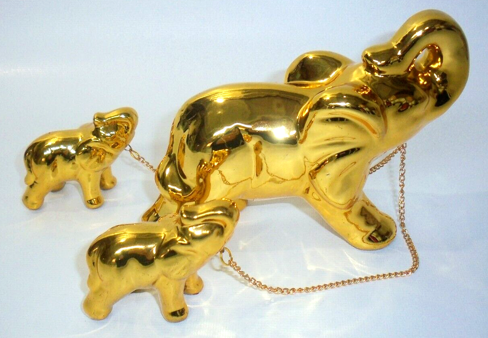 Rare IAC Porcelain Gold Elephant Family Figurine by International Academy of Ceramics-image