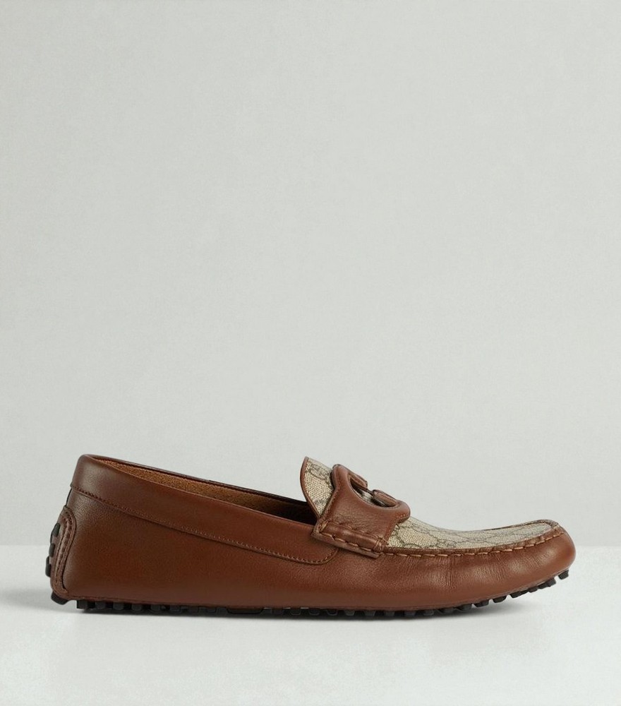 NIB Gucci GG Supreme Canvas & Leather Driver Loafers Brown US8.5 UK7.5 Authentic