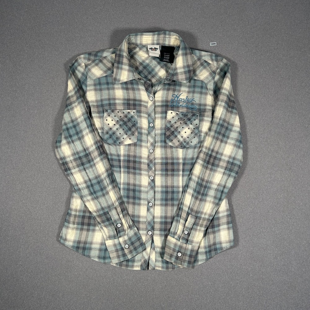 Women’s Harley Davidson Plaid Check Pocket Shirt Pearl Snap UK Medium