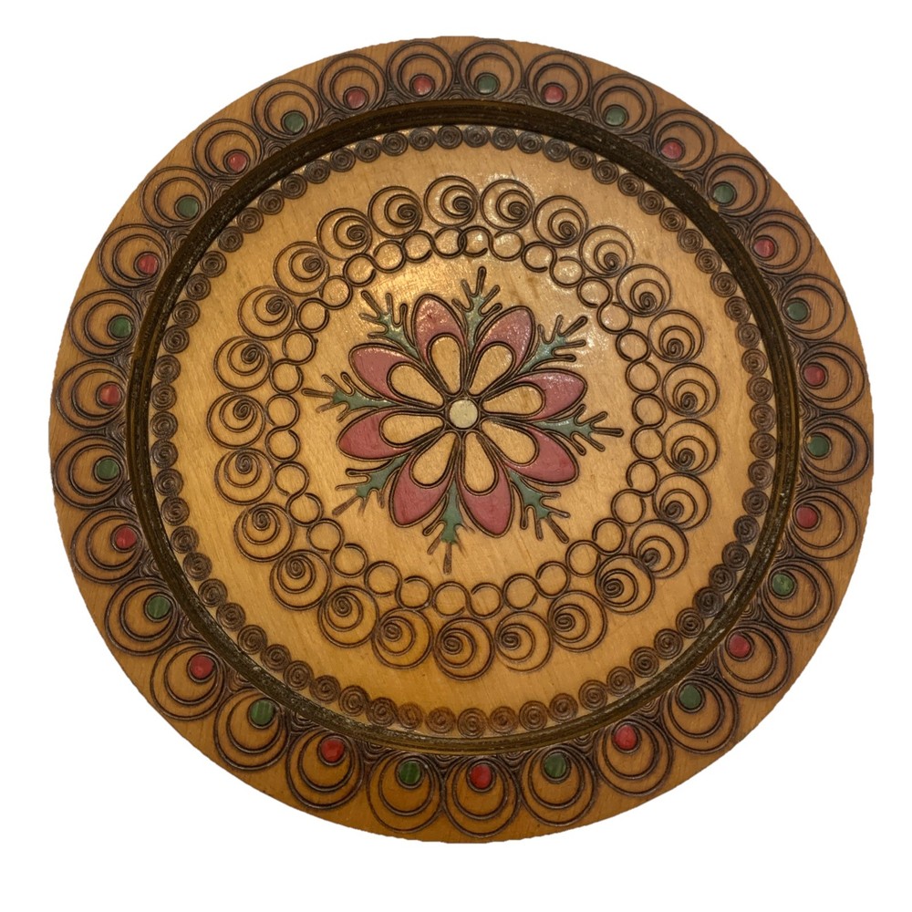 Decorative Vintage Wooden Hanging Hand Painted  Pyrography Mandal Plate 9.5”