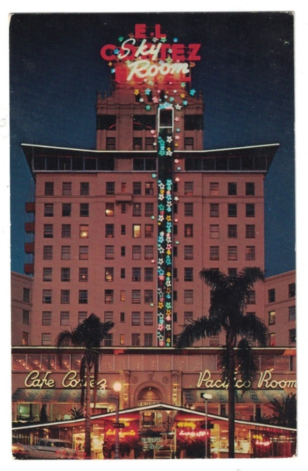 Vintage 1950'S El Cortez Hotel Sky Room Lit Up At Night San Diego California Pc