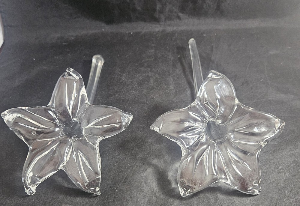 Two Vintage Clear Glass Stem Flower Hand Blown Lily Trumpet Vases
