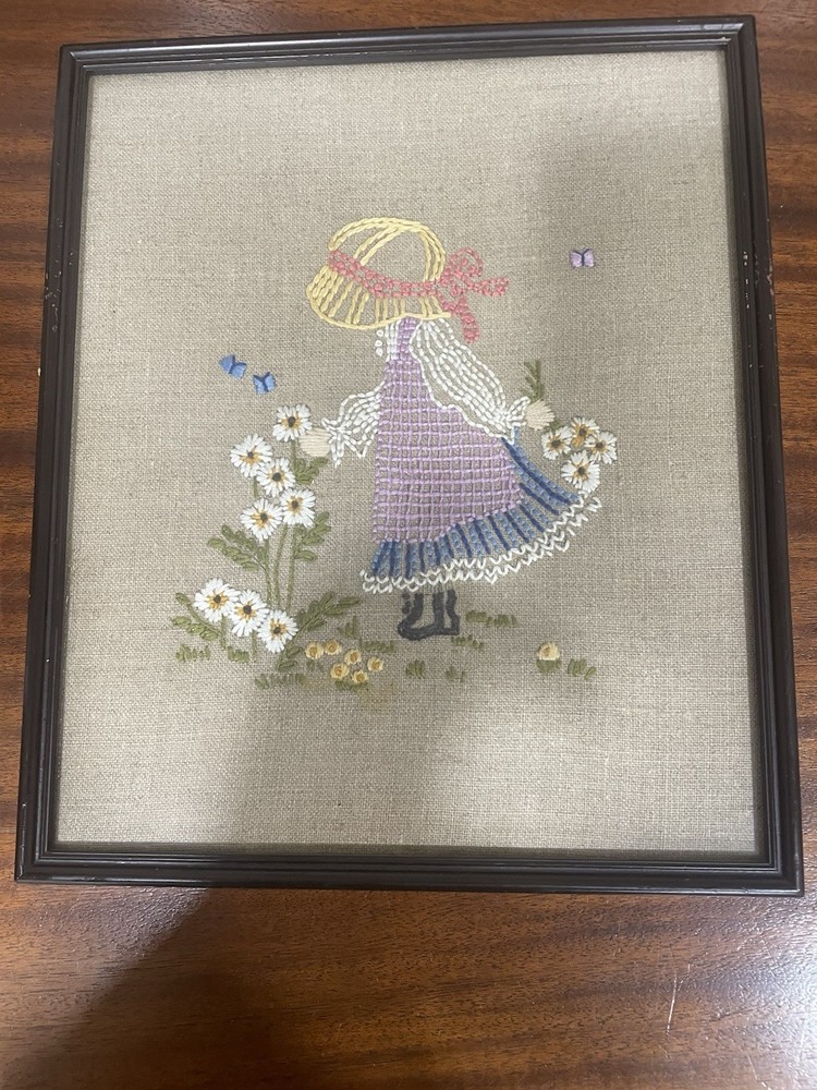 Vintage Holly Hobbie Framed Needlepoint Art Girl with Flowers Butterflies 12x10