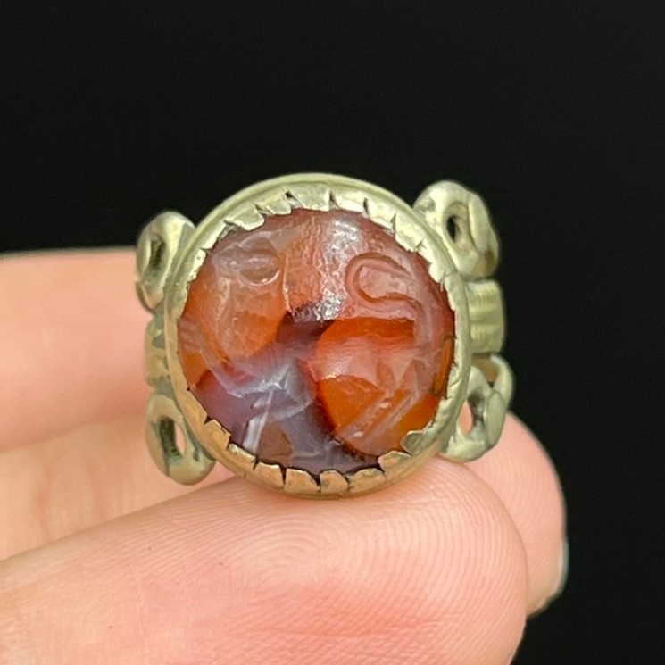 Ancient Roman Bronze Ring With Intaglio Stone Insert