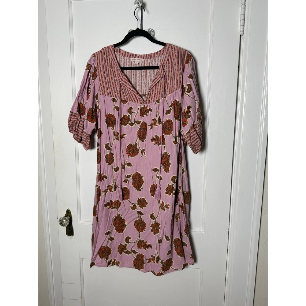 Knox Rose Pink Floral Block Print Boho Puff Sleeve Cotton Dress Women's XXL