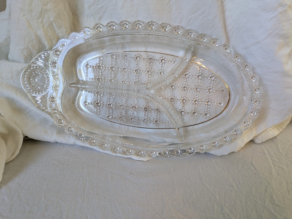 Depression Glass Textured Relish Dish Vintage 3 Compartments Scalloped Edges
