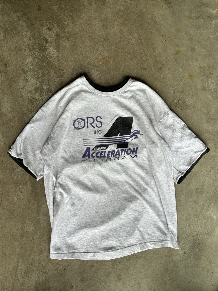 Vintage 90s ORSR Acceleration Graphic Ringer T-Shirt XL Single Stitch Gray USA
