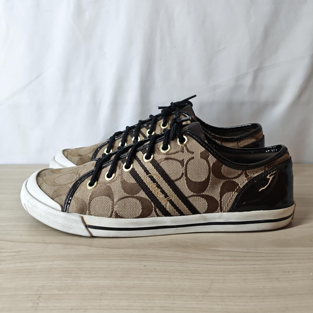 Coach Polly Shoes Womens Size 9 Brown Signature Canvas Sneakers F00077J10