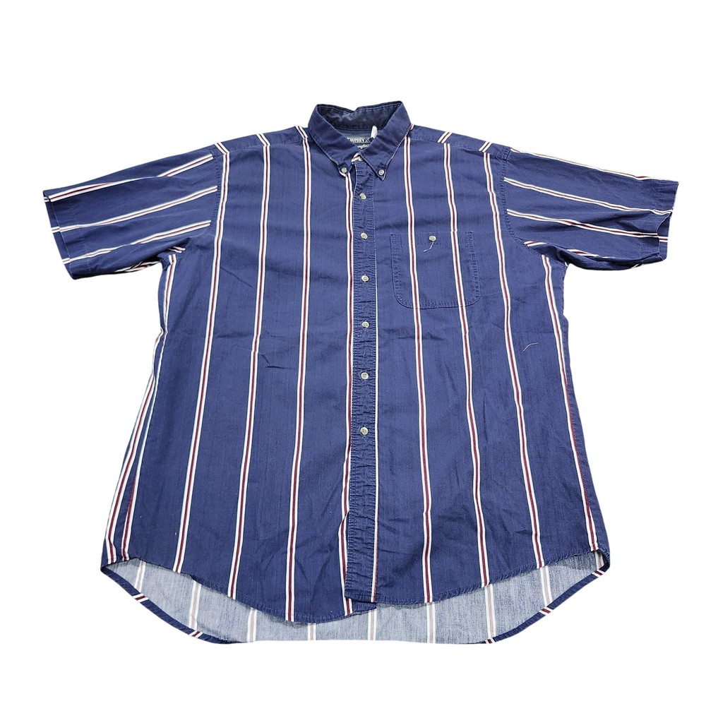 Vintage Wrangler Shirt Mens 2XL Blue Stripe Short Sleeve Button Front Casual