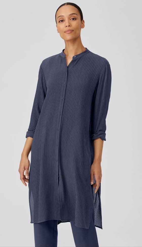 Eileen Fisher Navy Accordion Silk Jacquard Mandarin Collar Long Shirt Women’s S