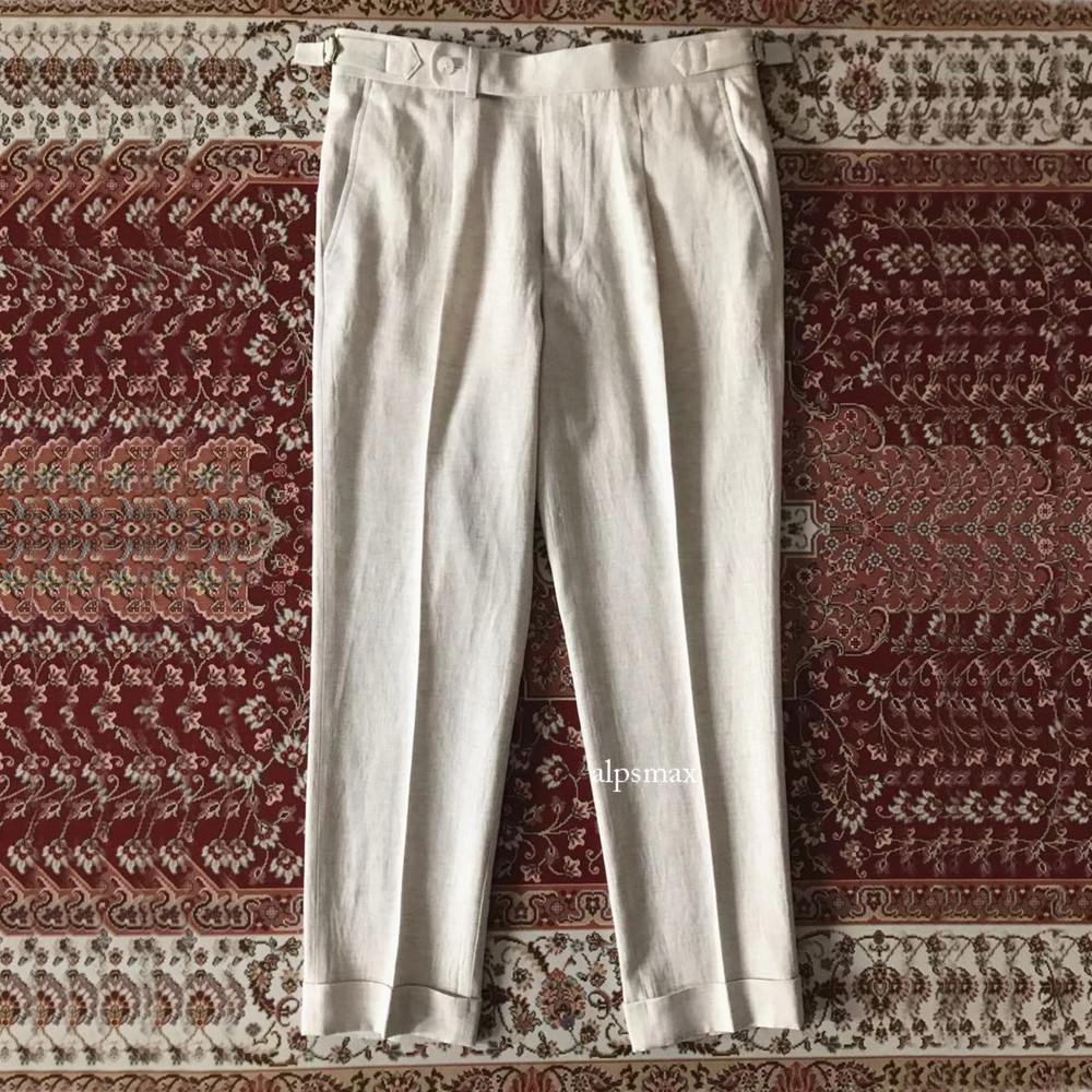 Men’s Gurkha Pants Adjustable Waist Straight Fit Linen Trousers 25-07175