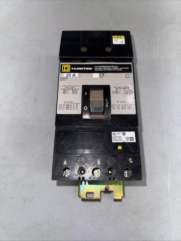 Square D FI36020 3 Pole 20 Amp 600 Volt 200kA@480V I-Line Circuit Breaker