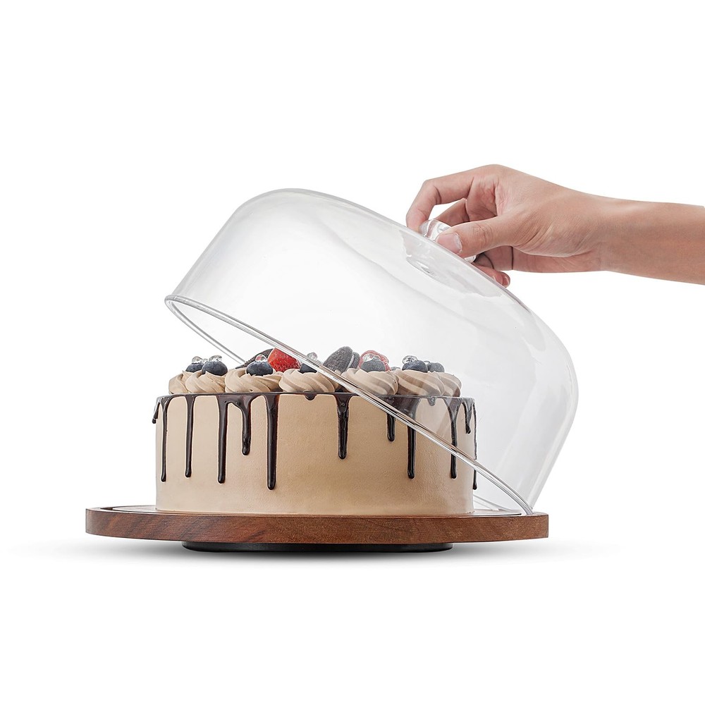 Acacia Wood Rotating Cake Stand with Clear Acrylic Dome Lid for Desserts-image