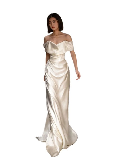 French White Satin Banquet Toast Evening Gown