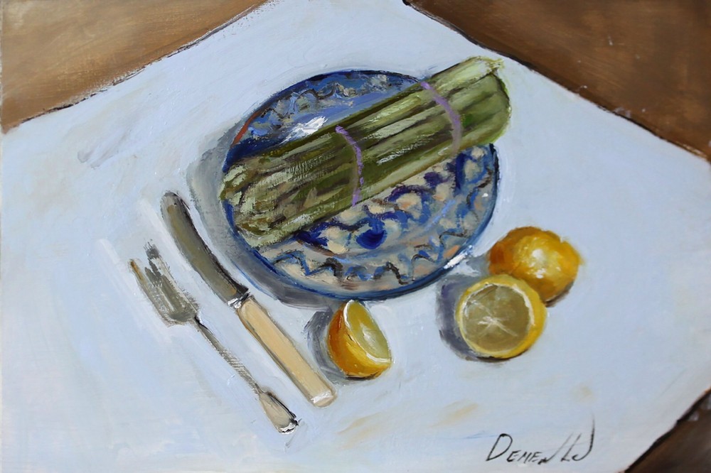 Demenko Natalia still  life ASPARAGUS AND LEMONS Oil painting UKRAINE