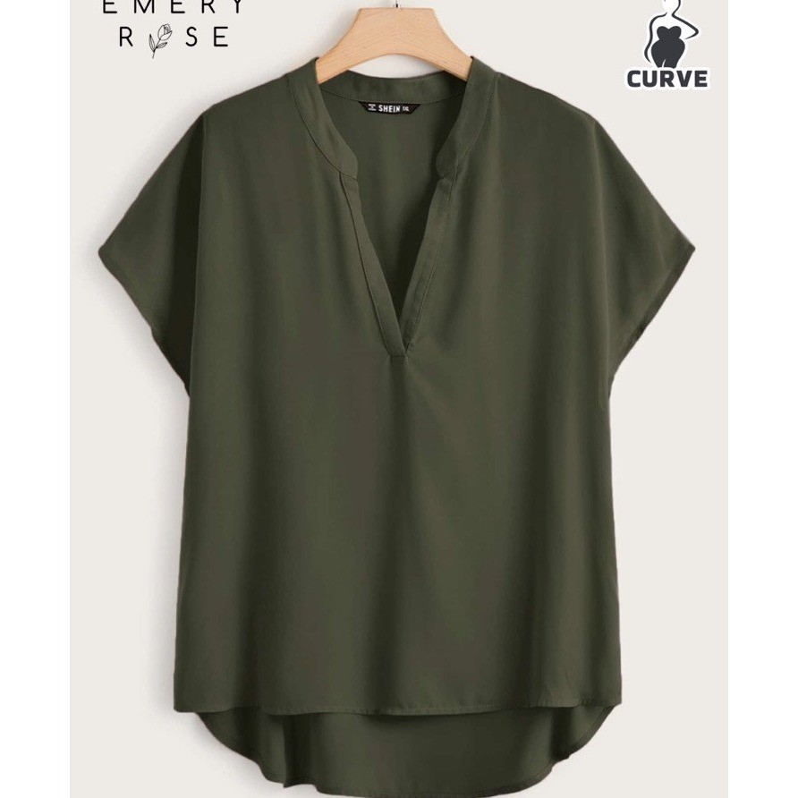 SHEIN Curve Womens 1XL Army Green V-Neck Dolman Short Sleeve Blouse Summer Flowy