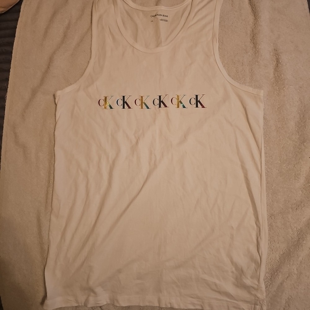 Calvin Klein Jeans Men's Tank Top Shirt CK Multi-Color Designer Logo White Large