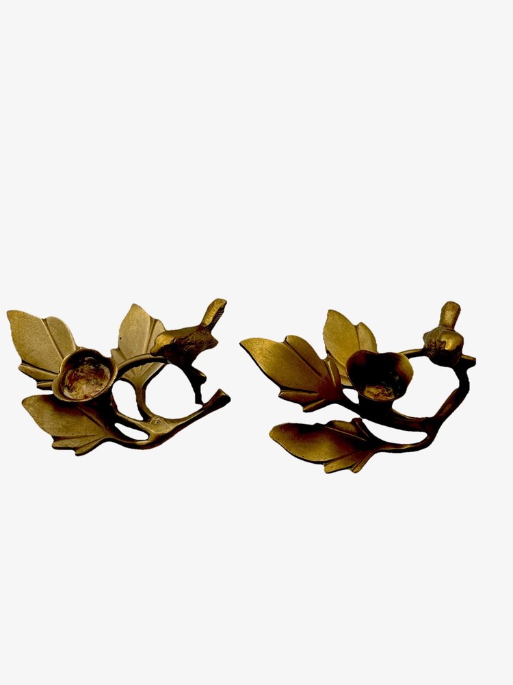 Vintage Solid Brass Leaf Bird Candle Holders Made In India Hollywood Regency