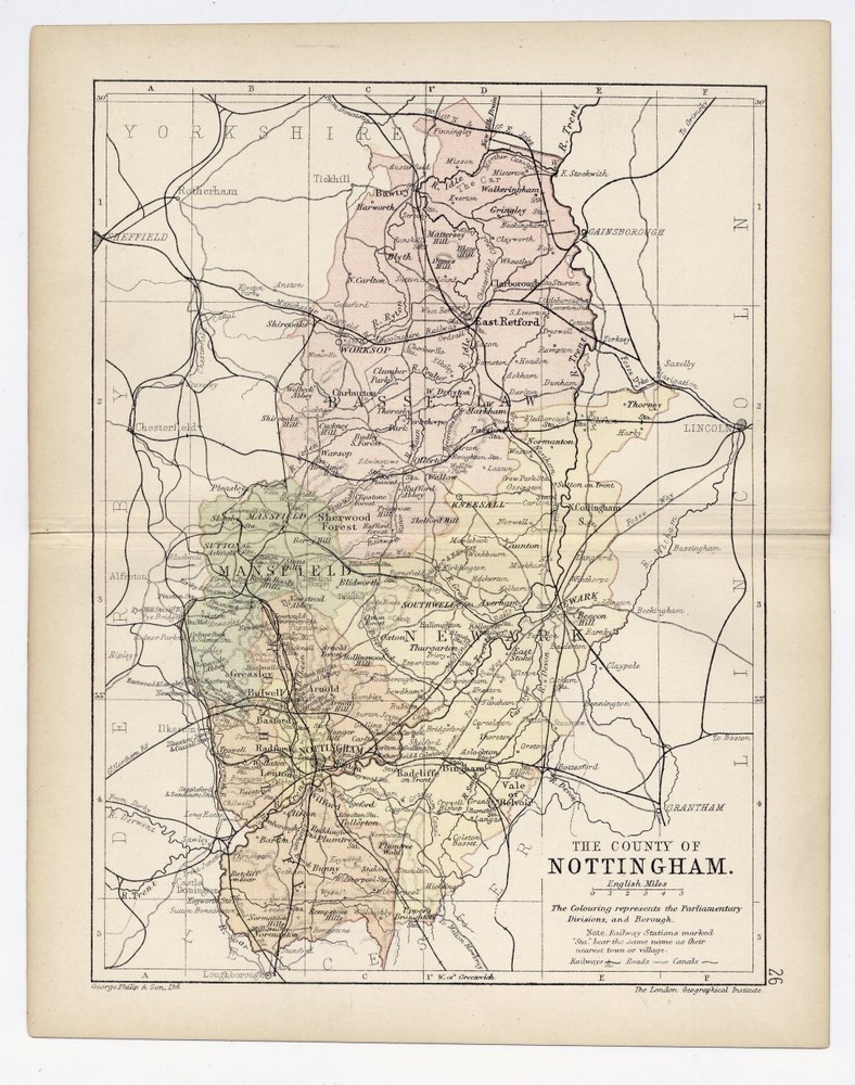 1898 Antique Map Of County Of Nottingham Nottinghamshire Notts / England
