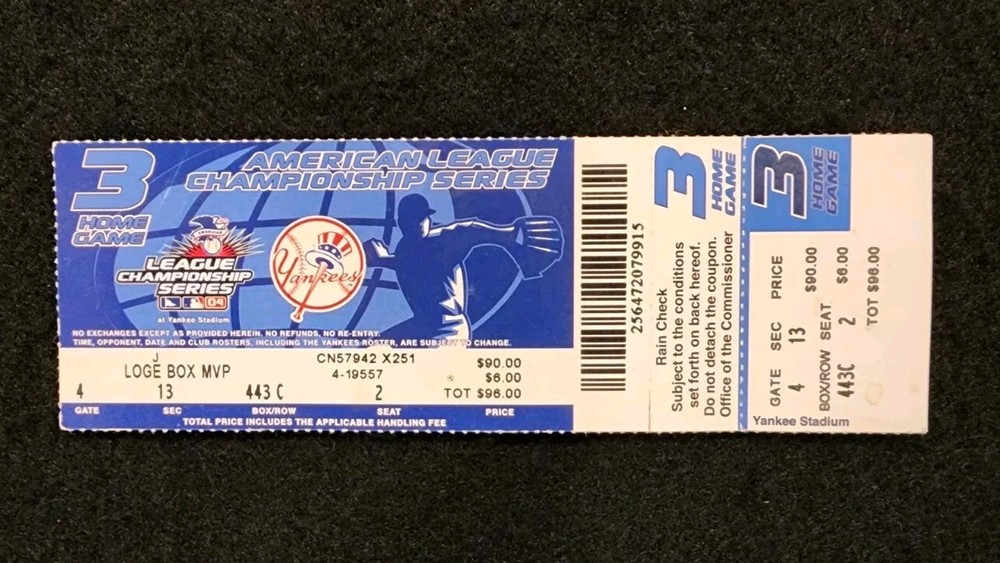 2004 ALCS Game 6 Full Ticket Red Sox Yankees Curt Schilling Bloody Sock Game