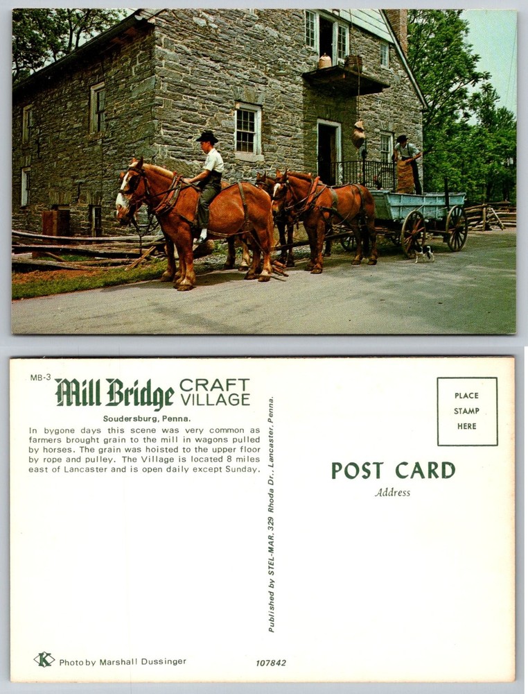 Mill Bridge Craft Village Soudersburg PA Stone Mill Horse Drawn Wagon Postcard