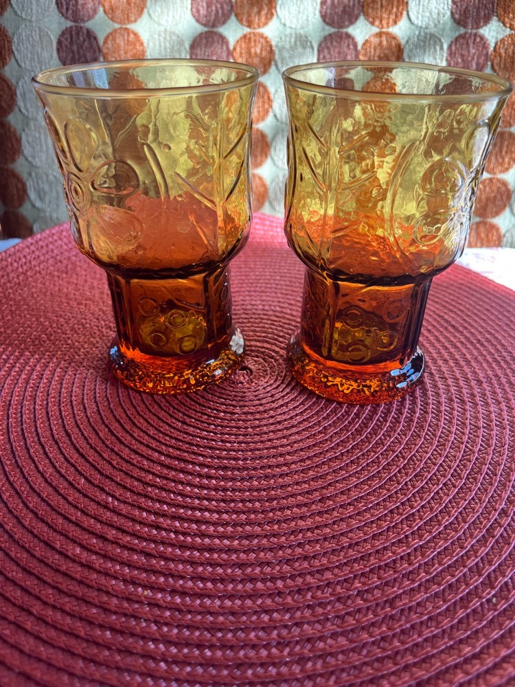 Vintage Amber Drinking Glasses Set of 2 Mid Century Modern Tumblers