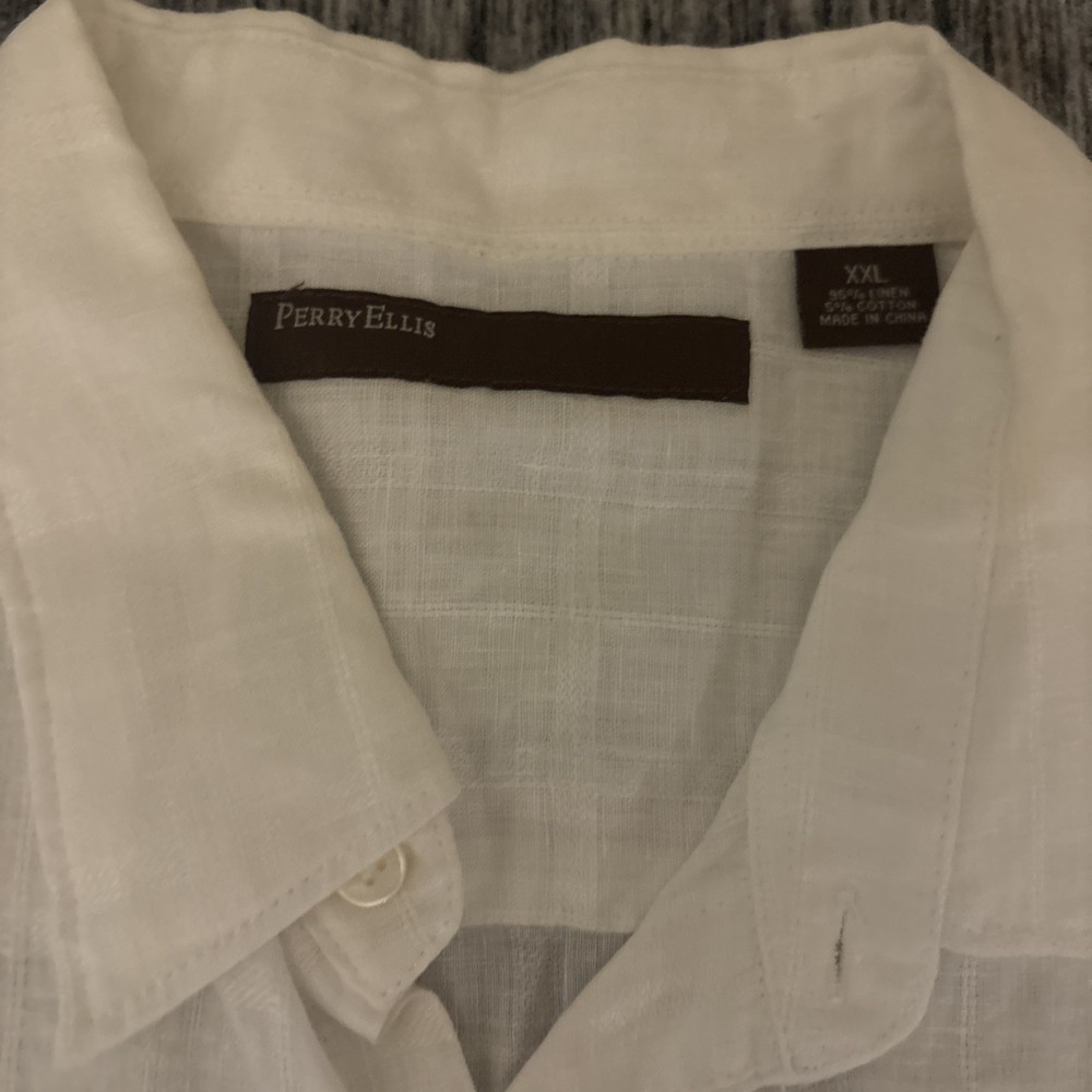 Perry Ellis Linen Blend White Woven Short Sleeve Button-Up Shirt 2XL