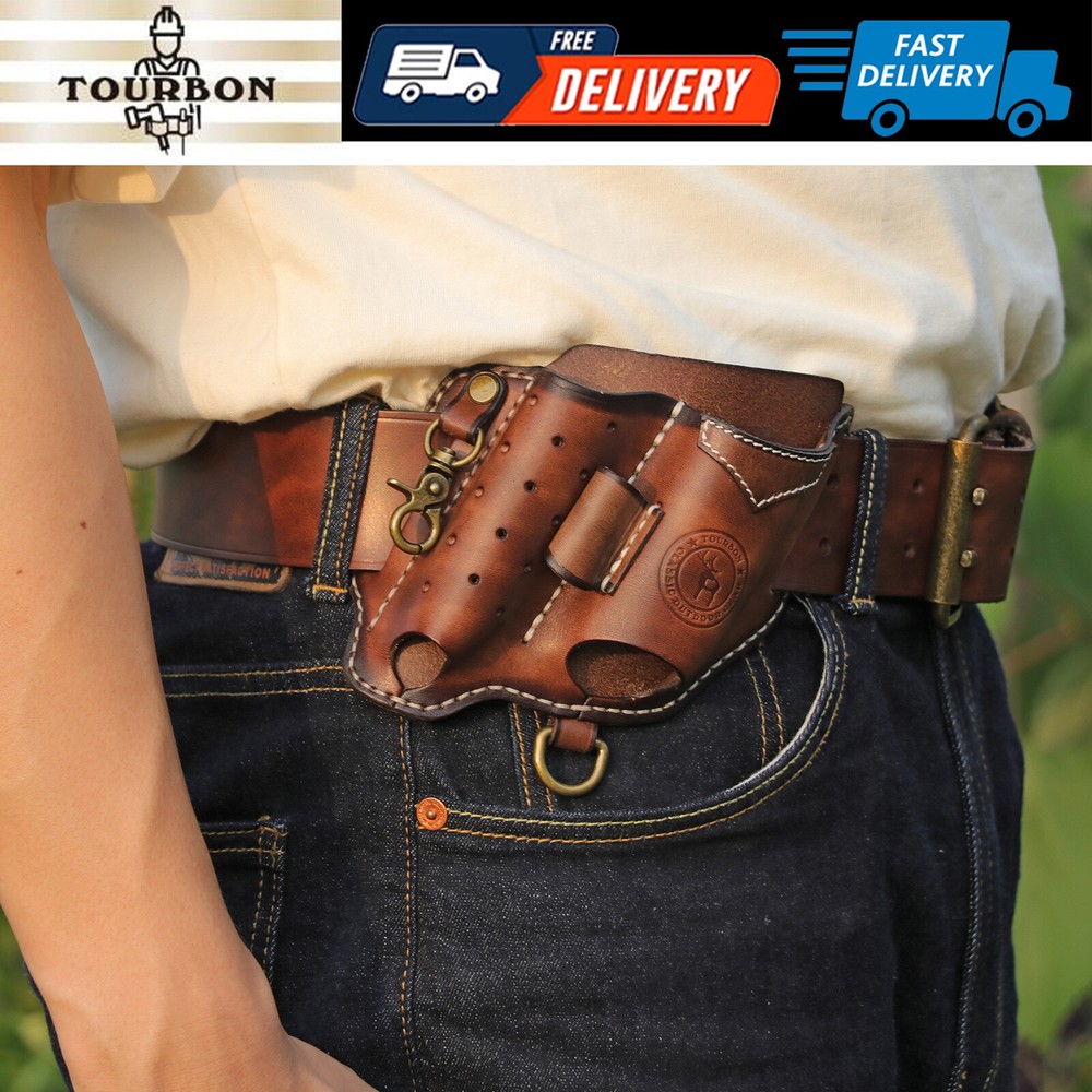 TOURBON Leather Multitools Carrier Flashlight Holder Pen Belt Holster Camping