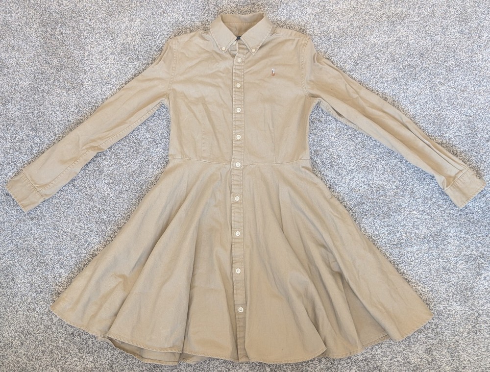 Polo Ralph Lauren Shirt Dress Girls 14 Khaki Button Front Fit & Flare Pony Logo