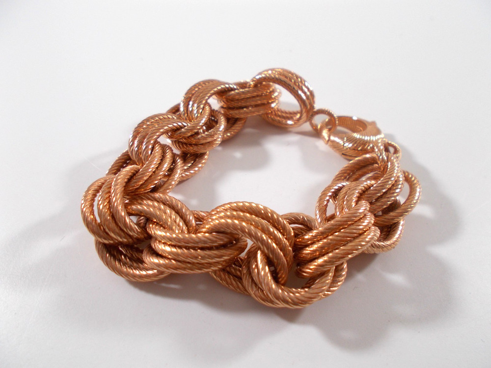 Rose Gold Color Chunky Triple Large Textured Oval Links Chain Bracelet Free Ship